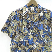 Vintage Women's Ribbed Floral Blouse Hawaiian Button Up Y2K Beige Blue Size L