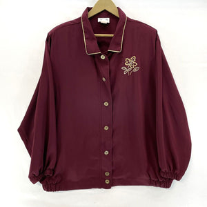 Teddi Women's Light Zip Jacket Silky Pockets Gold Leaf Stitch Vtg Maroon Size 2X