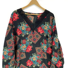 Boutique Women's Boho Blouse Sheer Tunic Asymmetrical Floral Black Red Size XL