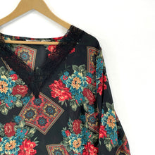 Boutique Women's Boho Blouse Sheer Tunic Asymmetrical Floral Black Red Size XL