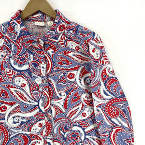 Westbound Women's Button Up Linen Blend Flowy Tunic Paisley Blue Red Size L