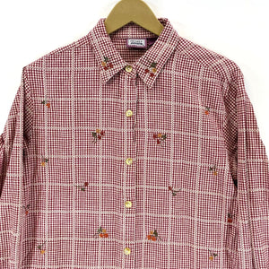 Premier Intl Women's Button Up Shirt Floral Embroidery Gingham Plaid Red Size M