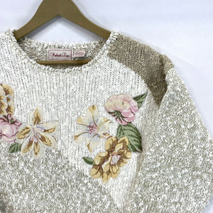 Penbrooke Lane Women's Knit Sweater Cozy Soft Pearl Flower Vtg Beige Size L