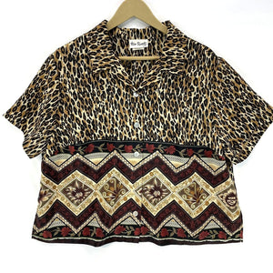 Two Twenty Women's Button Up Blouse Leopard Tribal Tropical Vtg Brown Size XL