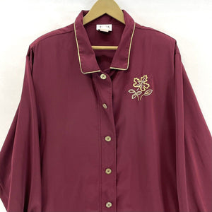 Teddi Women's Light Zip Jacket Silky Pockets Gold Leaf Stitch Vtg Maroon Size 2X