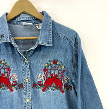 Bobbie Brooks Women's Denim Button Up Cardinal Holiday Stitching Vtg Blue Size L