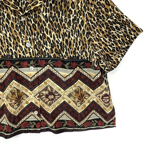 Two Twenty Women's Button Up Blouse Leopard Tribal Tropical Vtg Brown Size XL