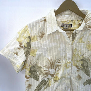 Caribbean Joe Women's Sheer Button Blouse Tropical Floral Hawaii Yellow Size L