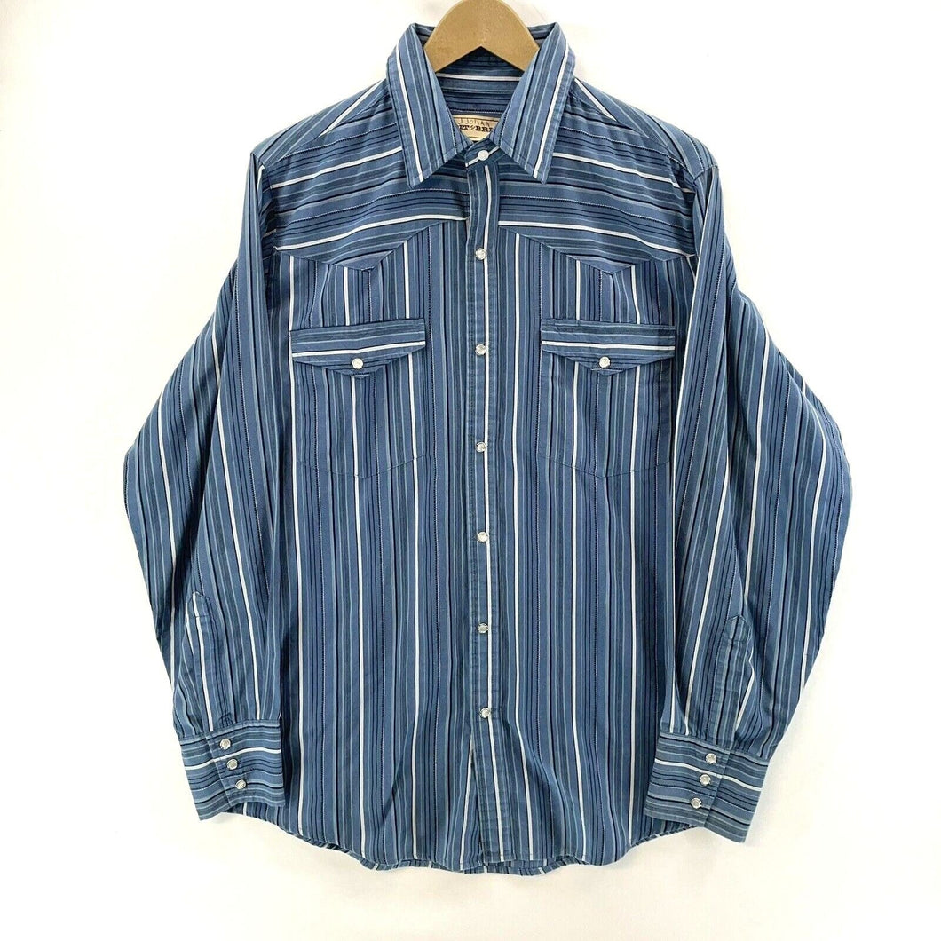 Bit & Bridle Men's Striped Button Down Shirt Pearl Snap Western Blue Size L